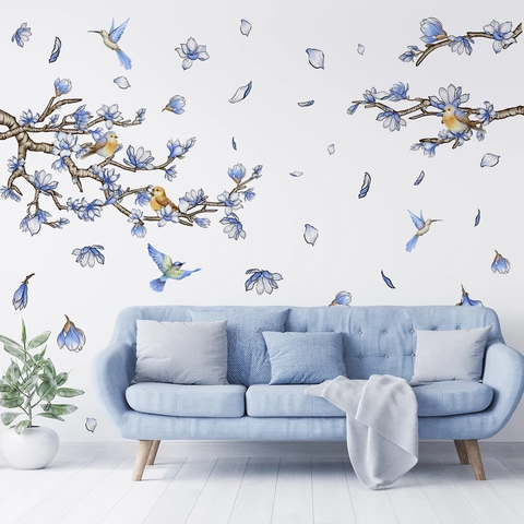 Adesivi Murali Moderni Minimalisti con Fiori Blu e Uccelli in PVC Acquerello Decalcomanie Floreali per Soggiorno Camera da Letto Decorazione Domestica