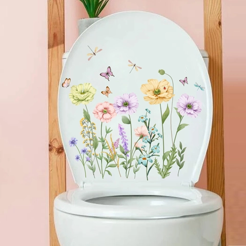 Pegatina de Inodoro de Flores y Mariposas en Acuarela Impermeable PVC Calcomanía para Cisterna de Baño Adhesivo de Pared Floral