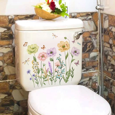 Pegatina de Inodoro de Flores y Mariposas en Acuarela Impermeable PVC Calcomanía para Cisterna de Baño Adhesivo de Pared Floral