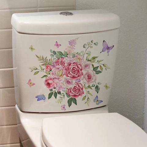 Aquarel Roze Bloemen En Vlinders Toiletsticker Waterdicht PVC Verwijderbare Badkamer Decoratie Muursticker Home Decor