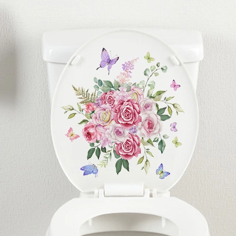 Aquarel Roze Bloemen En Vlinders Toiletsticker Waterdicht PVC Verwijderbare Badkamer Decoratie Muursticker Home Decor