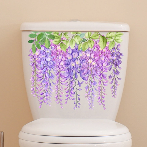 Autocollant De Toilette Fleur Glycine PVC Autocollant Imperméable Décalcomanie Murale Décor Floral Pour Salle De Bain