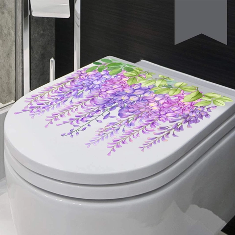 Autocollant De Toilette Fleur Glycine PVC Autocollant Imperméable Décalcomanie Murale Décor Floral Pour Salle De Bain