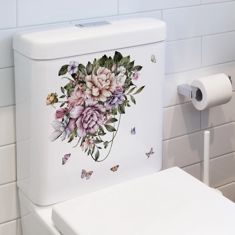 Sticker De Toilettes Fleurs Papillon Imperméable PVC Autocollant Décoration Murale Salle De Bain Motif Floral Élégant Pour La Maison