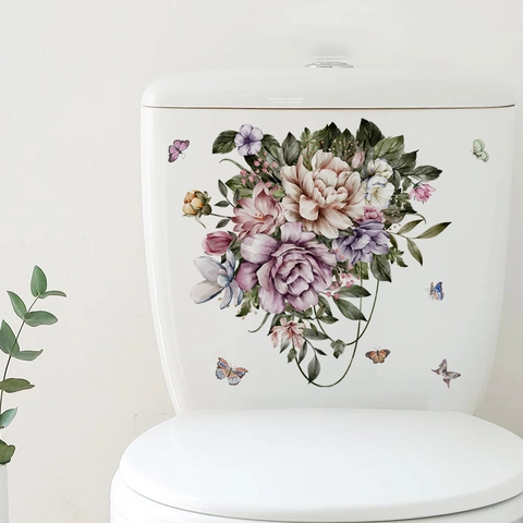 Sticker De Toilettes Fleurs Papillon Imperméable PVC Autocollant Décoration Murale Salle De Bain Motif Floral Élégant Pour La Maison