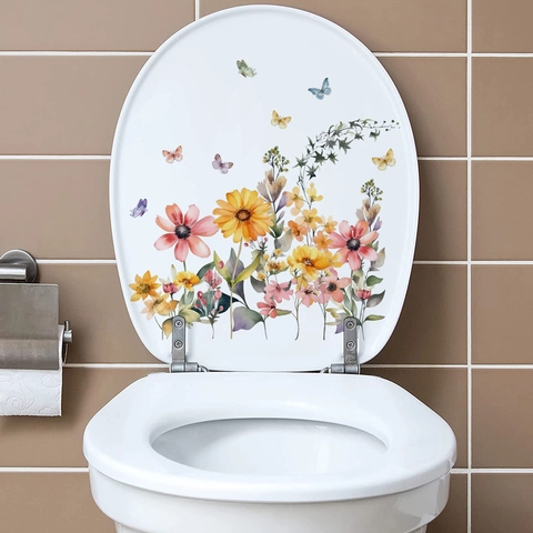 Sticker De Toilettes Fleurs Papillon Aquarelle Motif Floral Imperméable Autocollant PVC Décalcomanie Salle De Bain Décoration Murale