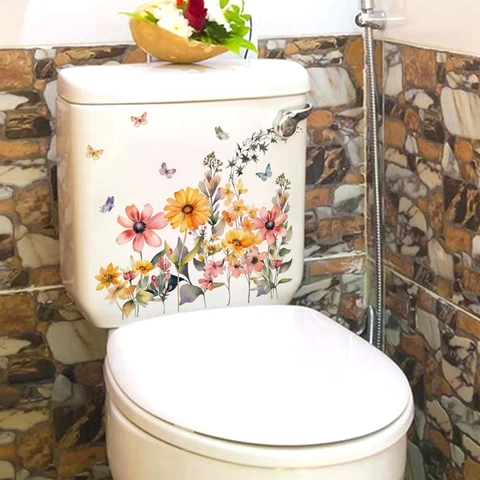 Sticker De Toilettes Fleurs Papillon Aquarelle Motif Floral Imperméable Autocollant PVC Décalcomanie Salle De Bain Décoration Murale