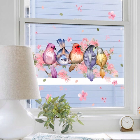 Watercolor Birds On Pink Cherry Blossom Branch Window Clings Static Glass Stickers Decorative PVC Wall Decals For Home