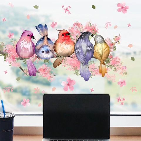 Watercolor Birds On Pink Cherry Blossom Branch Window Clings Static Glass Stickers Decorative PVC Wall Decals For Home
