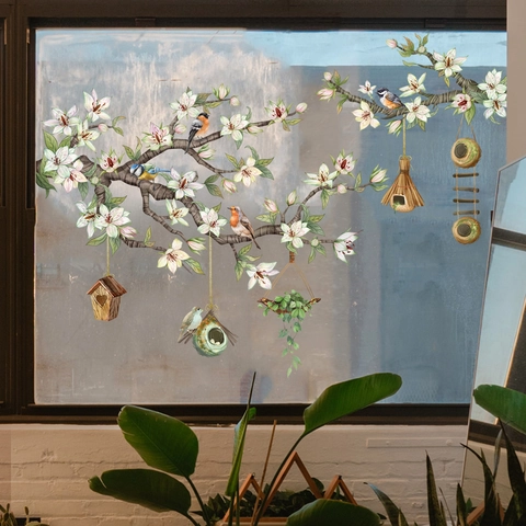 Oiseaux Sur Branches Darbres Fleurs Nichoir Stickers De Fenêtre Statiques PVC Décalcomanies Pour Portes En Verre Déco Aquarelle