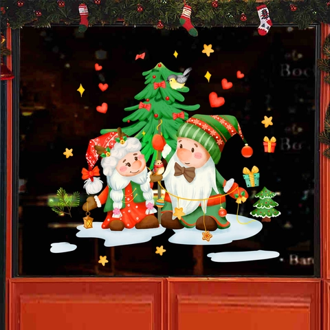 Christmas Window Clings Static PVC Gnome Tree Star Heart Reusable Holiday Glass Door Stickers For Home Party Decor
