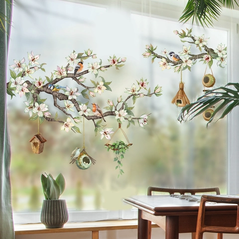 Oiseaux Sur Branches Darbres Fleurs Nichoir Stickers De Fenêtre Statiques PVC Décalcomanies Pour Portes En Verre Déco Aquarelle
