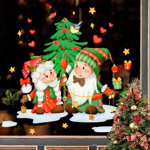 Christmas Window Clings Static PVC Gnome Tree Star Heart Reusable Holiday Glass Door Stickers For Home Party Decor