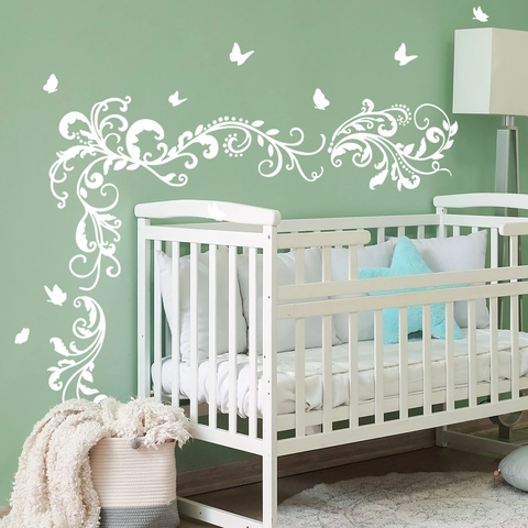 White Flower Vine Butterfly Wall Stickers PVC Self Adhesive Removable Home Decals Living Room Bedroom Nursery Minimalist