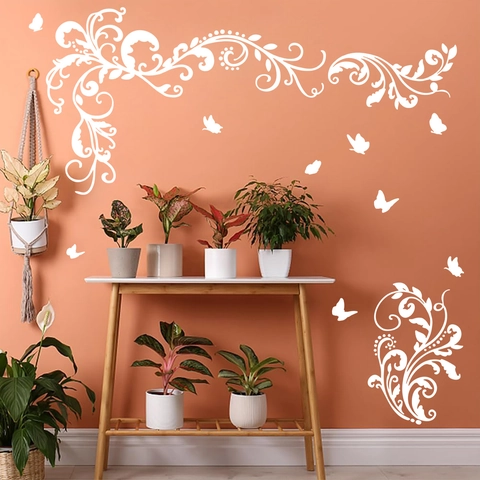 White Flower Vine Butterfly Wall Stickers PVC Self Adhesive Removable Home Decals Living Room Bedroom Nursery Minimalist