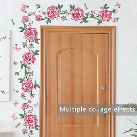 Stickers Muraux Vigne De Rose Rose PVC Auto-Adhésif Papillon Libellule Amovible Décoration Maison Murale