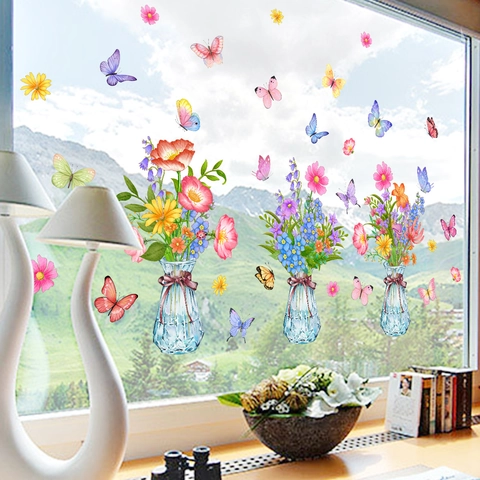 Creative Flower Vase Butterfly Static Window Clings PVC Sticker For Glass Decoration Removable Pastoral Home Window Decals
