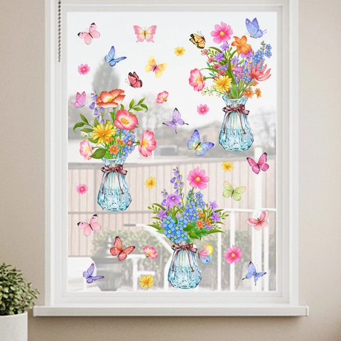 Flower Vase Bouquet Butterfly Window Sticker Static Cling PVC Glass Decal For Living Room Bedroom Kitchen Home Decoration