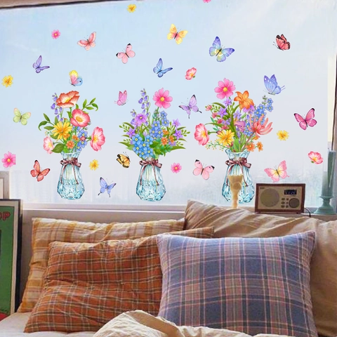 Creative Flower Vase Butterfly Static Window Clings PVC Sticker For Glass Decoration Removable Pastoral Home Window Decals