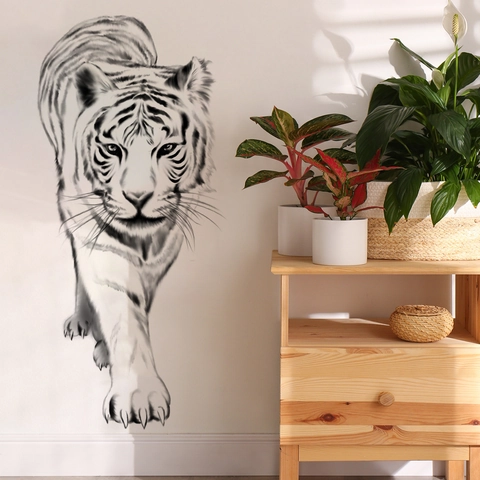 Sticker Mural Tigre Croquis Noir et Blanc PVC Amovible Décalcomanie Murale Animale pour Salon Chambre Bureau Maison