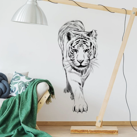 Sticker Mural Tigre Croquis Noir et Blanc PVC Amovible Décalcomanie Murale Animale pour Salon Chambre Bureau Maison