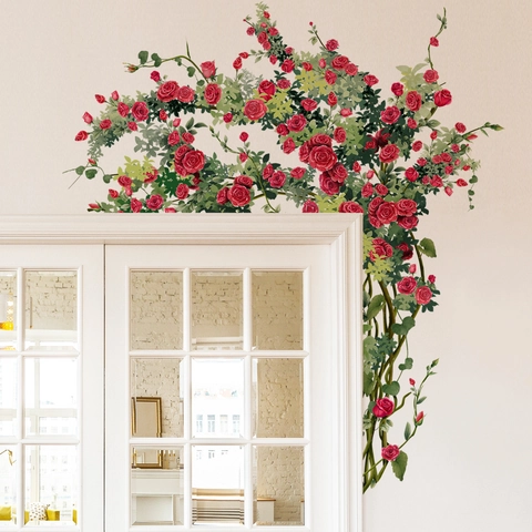 Romantic Red Rose Vine Wall Stickers PVC Waterproof Floral Decals For Door Frame Window Home Decor Living Room Valentine Gift