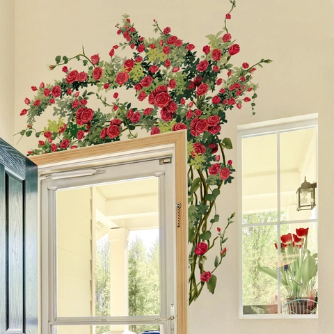 Romantic Red Rose Vine Wall Stickers PVC Waterproof Floral Decals For Door Frame Window Home Decor Living Room Valentine Gift