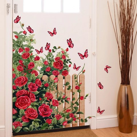 Rose Flower Vine Fence Butterfly Wall Sticker 3 Sheets Set 3D PVC Self-Adhesive Decal Valentine Day Home Decor Mural
