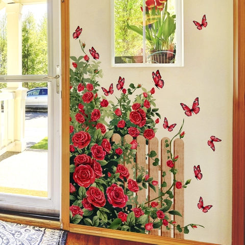 Rose Flower Vine Fence Butterfly Wall Sticker 3 Sheets Set 3D PVC Self-Adhesive Decal Valentine Day Home Decor Mural