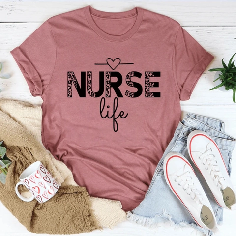 Women Casual Cotton Blend Short Sleeve T-Shirt Leopard Print Nurse Life Graphic Letter Print O-Neck Loose Fit Summer Top