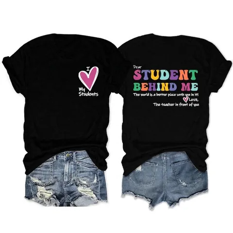 Γυναικείο Casual T-Shirt από Μείγμα Βαμβακιού I Love My Students Εκτύπωση Γράμμα Καρδιά Στρογγυλή Λαιμόκοψη Κοντό Μανίκι Top Δασκάλα