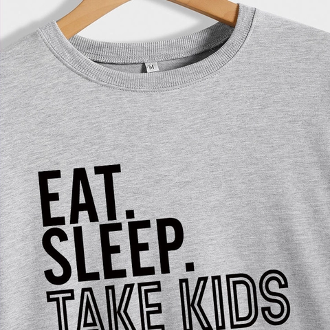 Sweat-shirt Décontracté en Mélange de Coton pour Femmes Col Rond Manches Longues Pullover Avec Imprimé Slogan EAT SLEEP TAKE KIDS