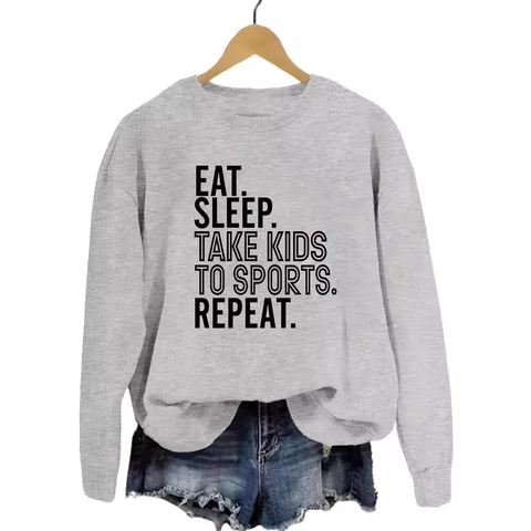 Sweat-shirt Décontracté en Mélange de Coton pour Femmes Col Rond Manches Longues Pullover Avec Imprimé Slogan EAT SLEEP TAKE KIDS