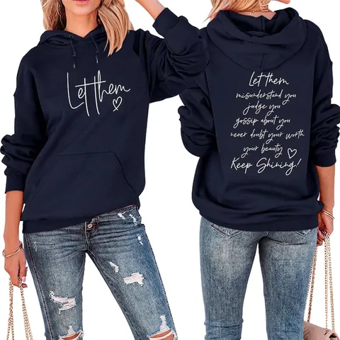 Felpa con Cappuccio da Donna Casual in Misto Cotone Let Them Stampa Lettere Cuore Manica Lunga Ampia Felpa Streetwear