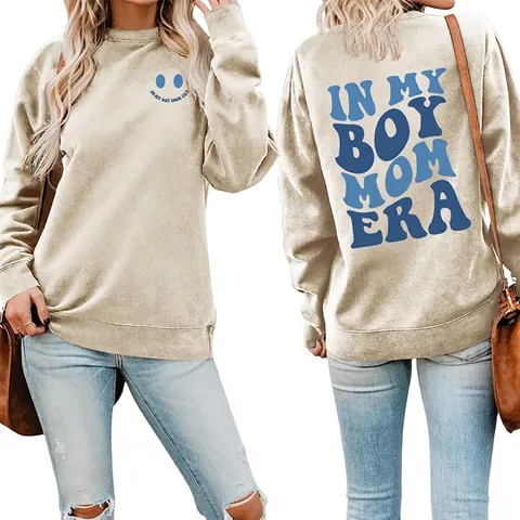 Damen Sweatshirt Rundhals Baumwolle Polyester Mischung Langarm Slogan Print In My Boy Mom Era Lässiger Pullover Oberteil