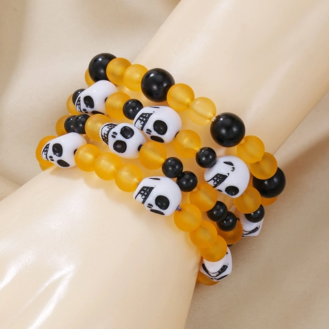 Set di Braccialetti di Perline con Teschio di Halloween Gotico Braccialetto Elastico per Uomo Donna Arancione Nero Bianco