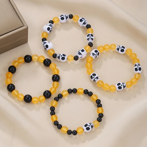 Set di Braccialetti di Perline con Teschio di Halloween Gotico Braccialetto Elastico per Uomo Donna Arancione Nero Bianco