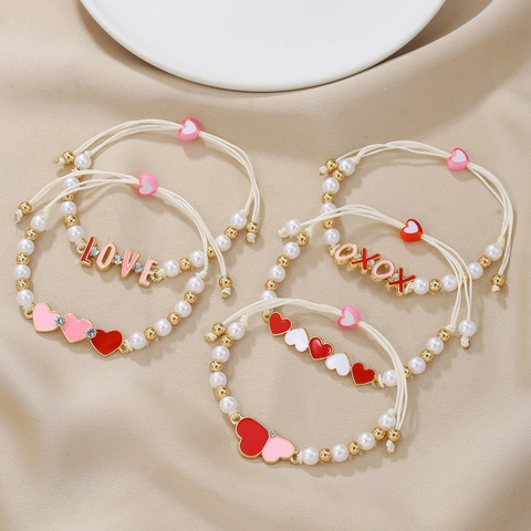 Süßes Emaille Herz Geflochtenes Armband Legierung Künstliche Perlenimitat LOVE XOXO Anhänger Verstellbar Strass Schmuck Für Damen Kinder