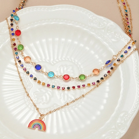 Collier Multi Rangs Bohème Cuivre Zircon Coloré Pendentif Arc-En-Ciel Bijoux Vintage Pour Femme