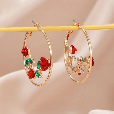 Legierung Rose Blume Übergroße Creolen Mit Grünen Strassblättern Vintage Französischen Stil Für Frauen