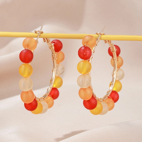 Colorful Beaded Hoop Earrings For Women Alloy Metal Geometric Round Frosted Beads Boho Tropical Style Accessory