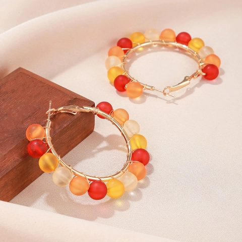 Colorful Beaded Hoop Earrings For Women Alloy Metal Geometric Round Frosted Beads Boho Tropical Style Accessory