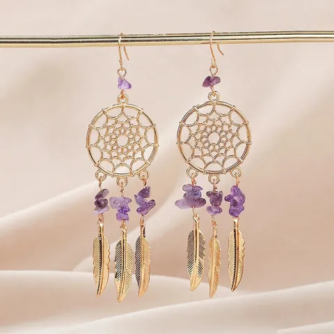 Boucles D'oreilles Crochet Attrape-Rêves Bohème Avec Éclats De Pierre Violette Et Pendentifs Plumes En Alliage Pour Femme