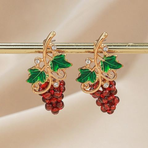 Grape Dangle Ohrringe Legierung Emaille Grünes Blatt Rote Acrylperlen Rhinestone Frucht Schmuck Für Damen