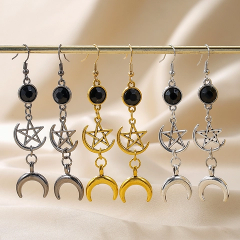 Pendientes Colgantes De Estrella Y Luna Góticos Vintage Aleación Pentagrama Luna Creciente Joyería Para Mujeres Estilo Místico