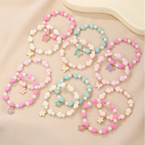 Süße Kinder Künstliche Perlenarmband Harz Herz Imitationsperle Emaille Schmetterling Blume Legierung Anhänger Schmuck Für Mädchen