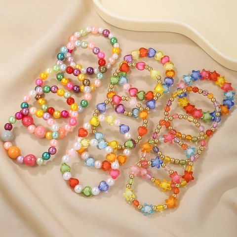 Handgefertigtes Künstliche Perlenarmband Bunte Kunststoffperle AB Acryl Herz Stern Künstliche Perlen Elastischer Schmuck Für Kinder Mädchen Süße Mode Accessoires