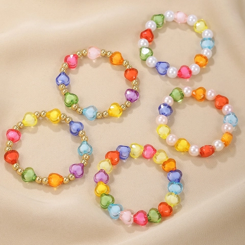 Handgefertigtes Künstliche Perlenarmband Bunte Kunststoffperle AB Acryl Herz Stern Künstliche Perlen Elastischer Schmuck Für Kinder Mädchen Süße Mode Accessoires