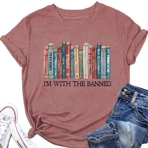 Women T Shirt Cotton Blend Short Sleeve Round Neck Im With The Banned Book Print Loose Casual Top