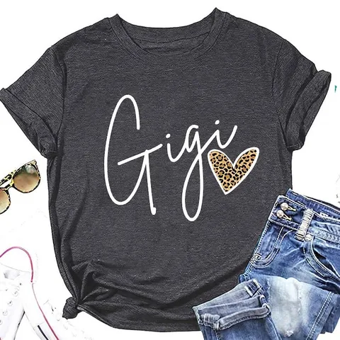 Damen Casual Leopard Herz Gigi Druck T-Shirt Rundhals Kurzarm Locker Komfortabel Baumwollmischung Sommer Tee Top
